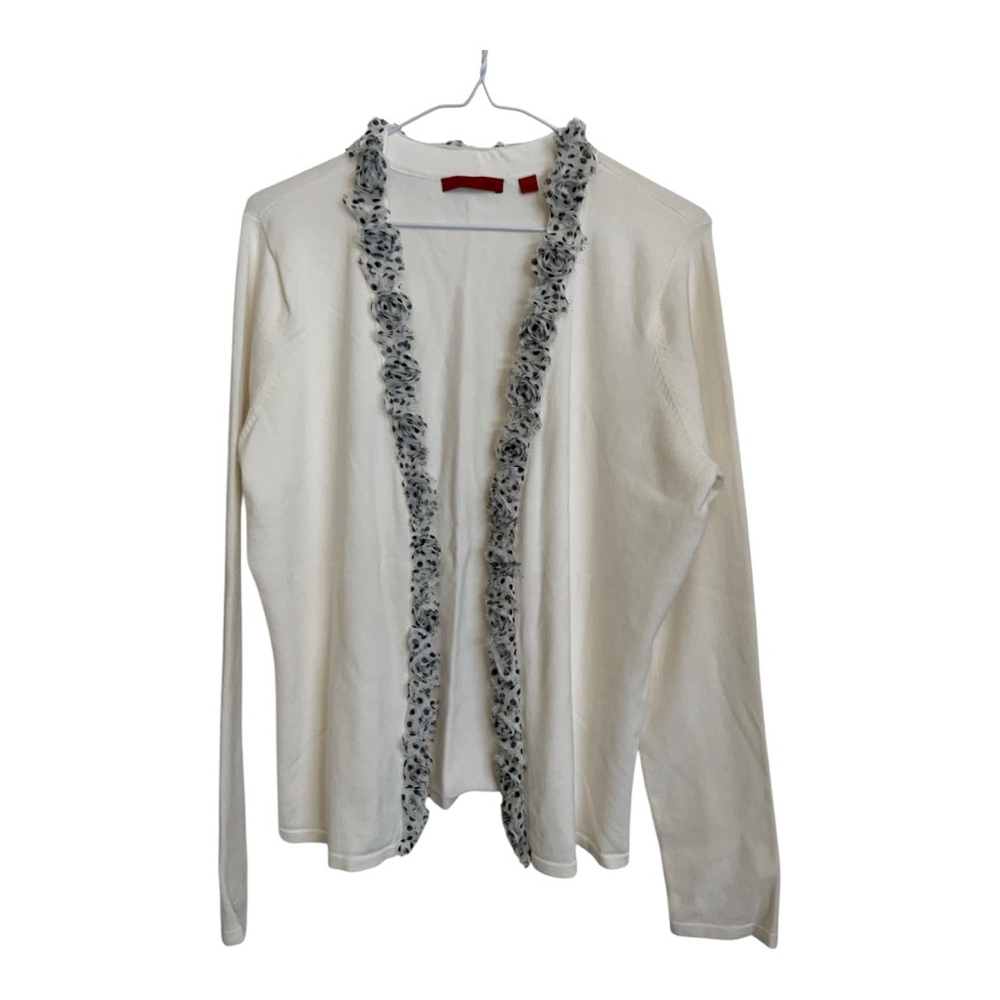 RED Brand White Cardigan with Black Ruffle Trim - Size Large